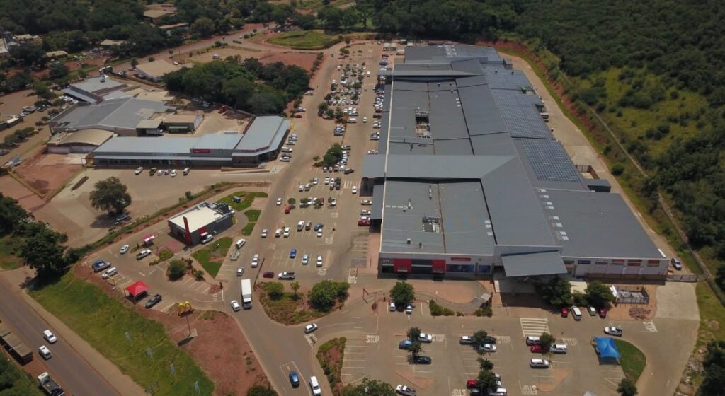 Aerial view of a large commercial property roof