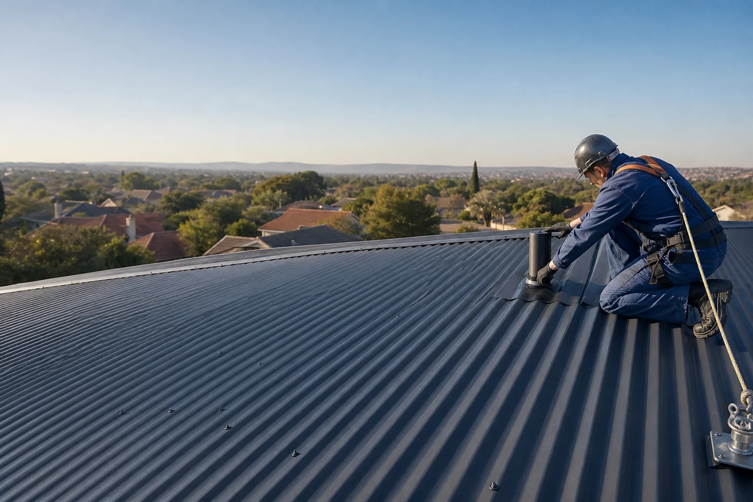 Roof inspector checking a waterproofed corrugated roof and roof penetration