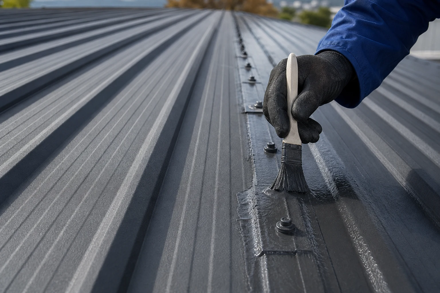Liquid rubber being brushed over roof sheet overlaps and screw fasteners