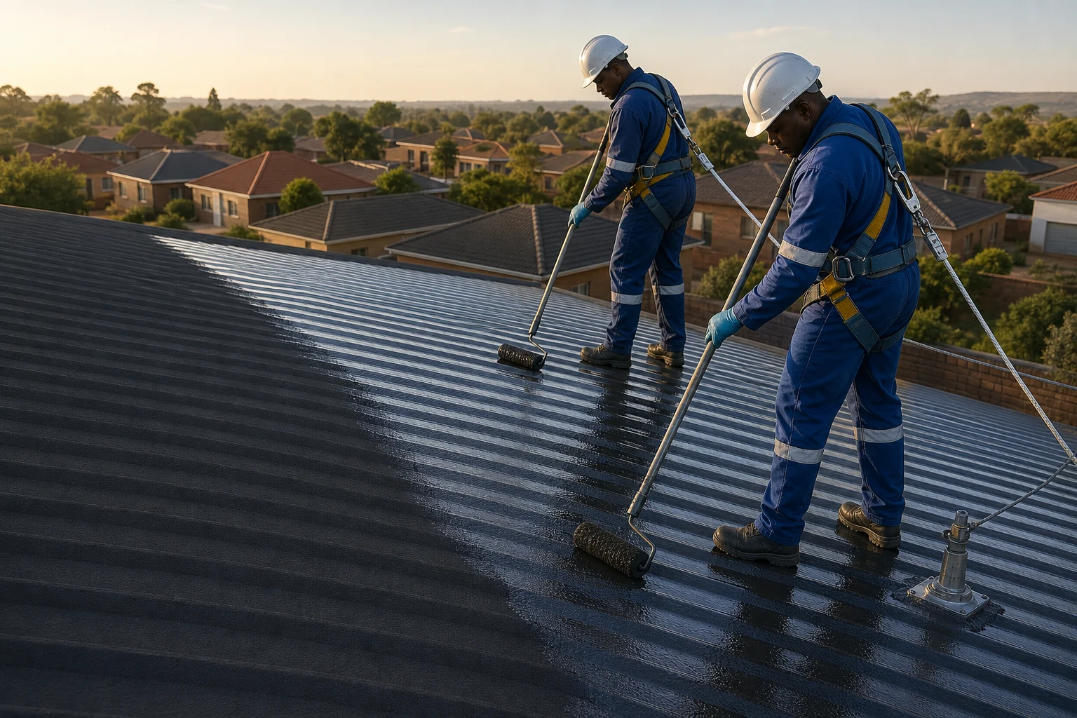 Roofing contractors applying a liquid rubber coating to a corrugated metal roof